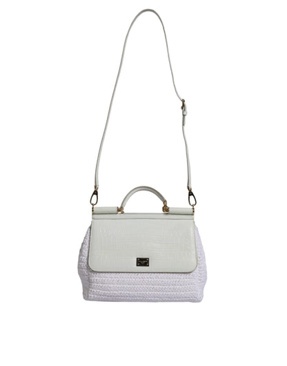 Geantă crossbody cu mâner superior din piele rafia albă Dolce &amp; Gabbana