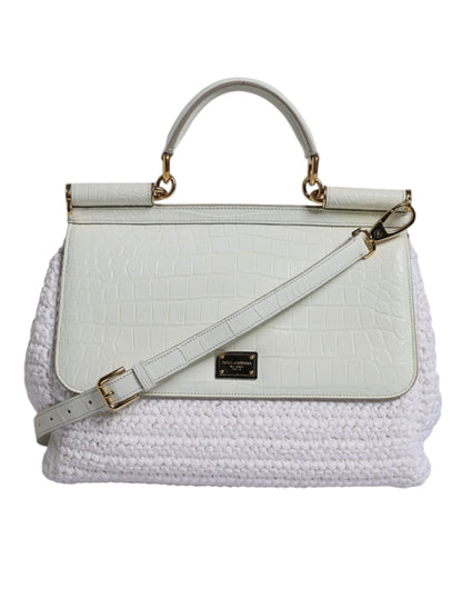 Geantă crossbody cu mâner superior din piele rafia albă Dolce &amp; Gabbana