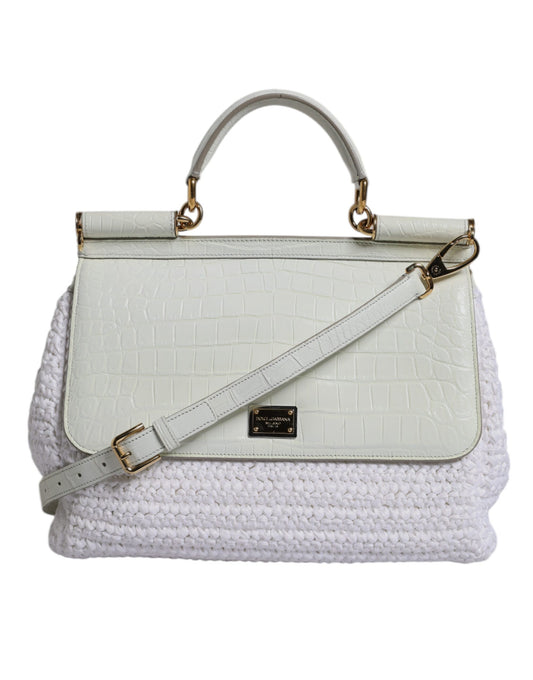 Geantă crossbody cu mâner superior din piele rafia albă Dolce &amp; Gabbana
