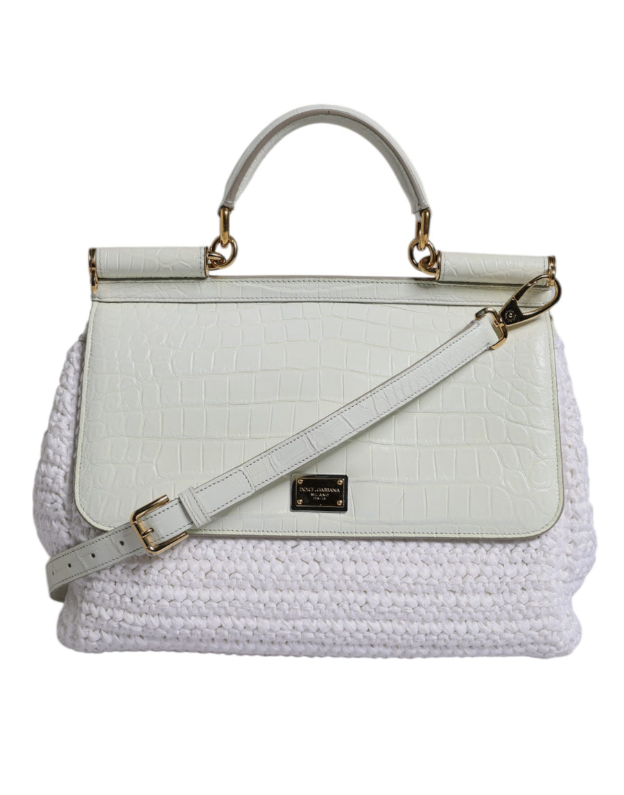 Geantă crossbody cu mâner superior din piele rafia albă Dolce & Gabbana