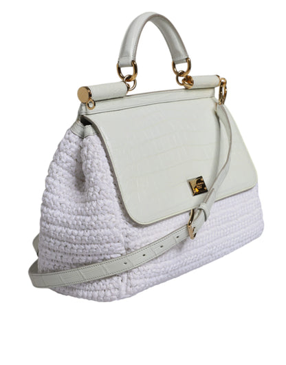 Geantă crossbody cu mâner superior din piele rafia albă Dolce &amp; Gabbana