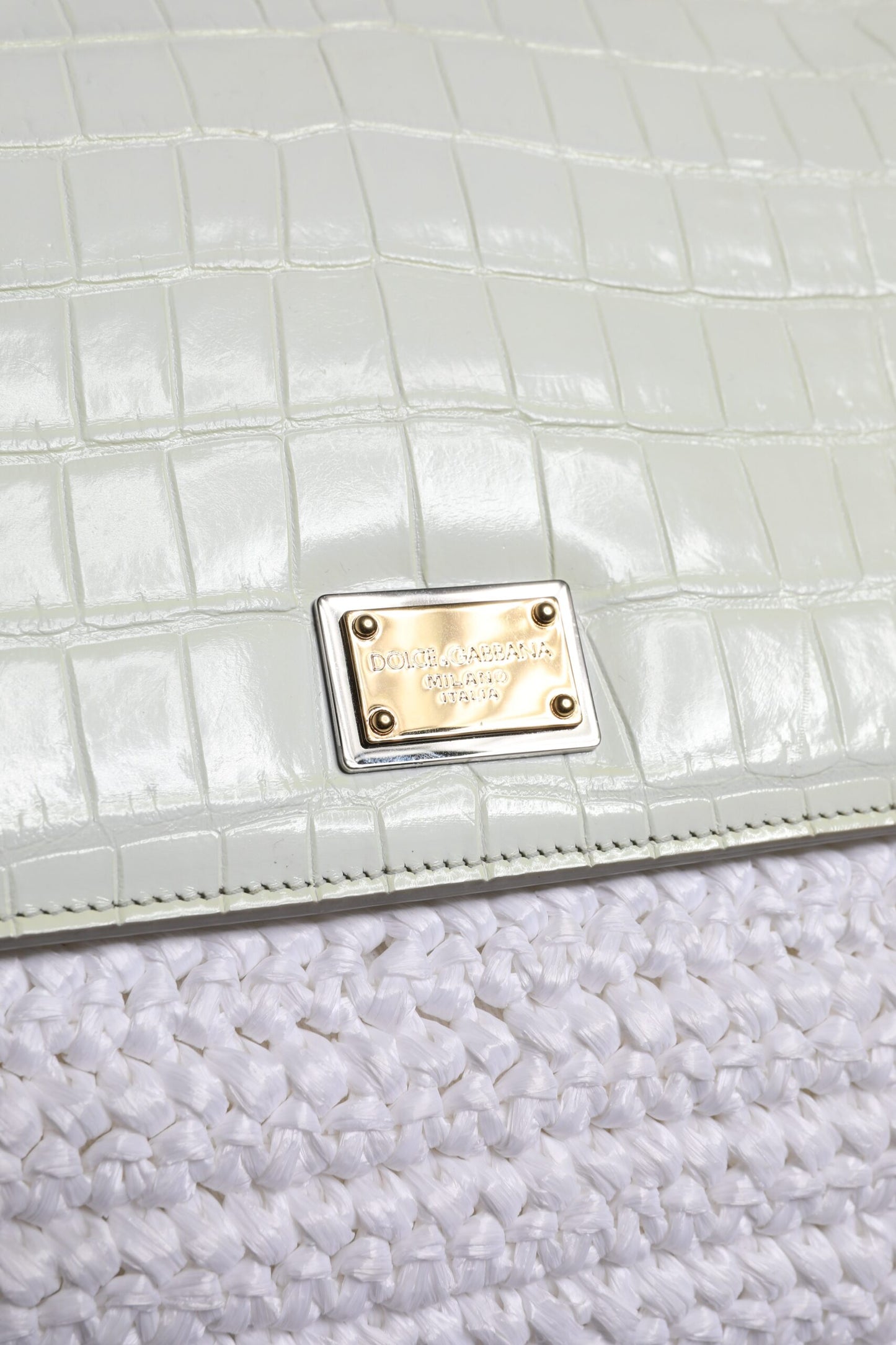 Geantă crossbody cu mâner superior din piele rafia albă Dolce &amp; Gabbana